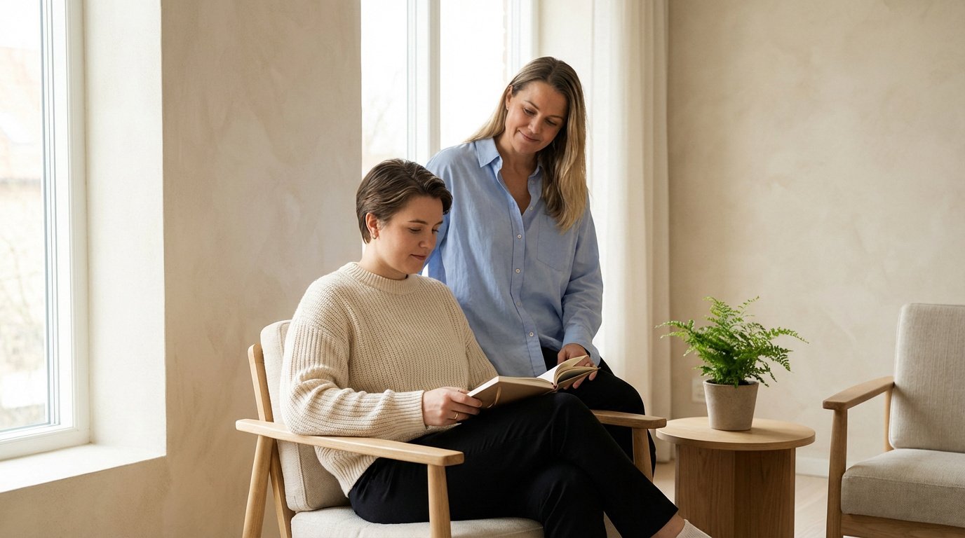 Accompagnement humain: Partage et réflexion Deux femmes lisent un livre ensemble dans un salon lumineux, l'une assise, l'autre debout et attentive.