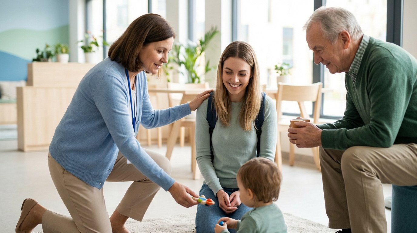 Métiers de l’accompagnement : le lien humain Une femme offre un jouet à un enfant, entourée d'une jeune femme souriante et d'un homme âgé. Scène intergénérationnelle de soutien.