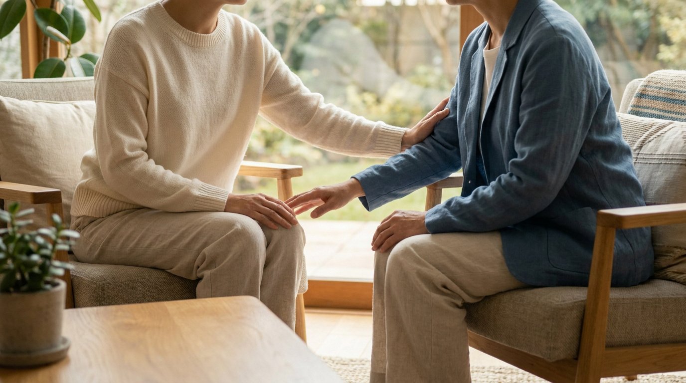 Deux personnes assises. L'une pose sa main sur l'épaule de l'autre en signe de réconfort et d'écoute attentive.