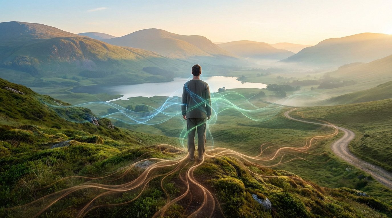 Homme sur une colline, connecté à la nature par des ondes lumineuses bleues/vertes et des racines dorées, face à un paysage montagneux brumeux.