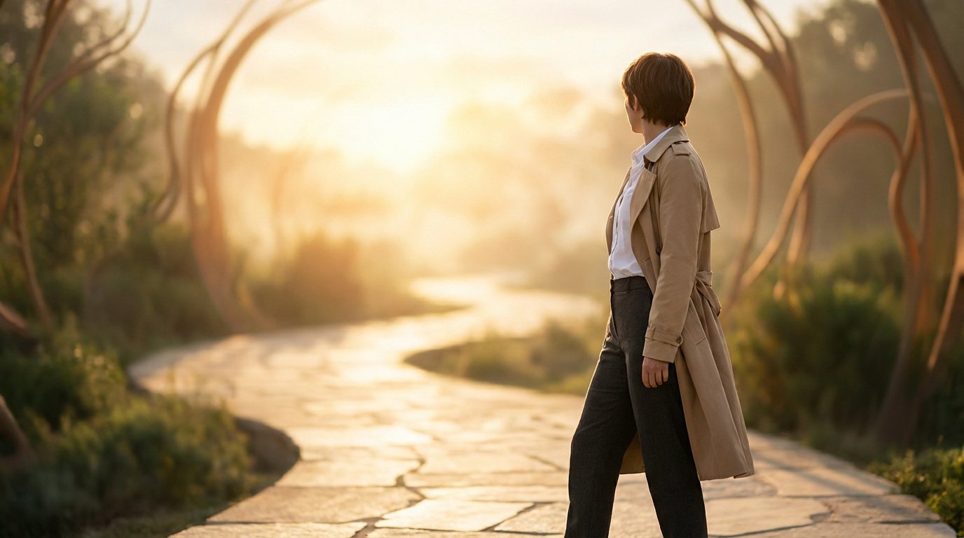 Femme en trench-coat sur un sentier pavé baigné de lumière dorée, regardant vers un horizon prometteur. Symbole de reconversion.